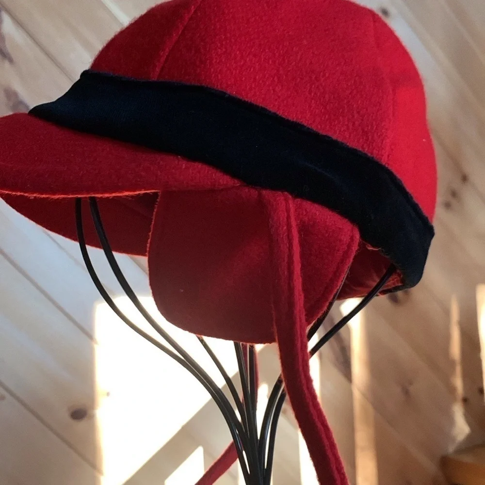 Kid’s dressy red trapper style hat with black velvet trim